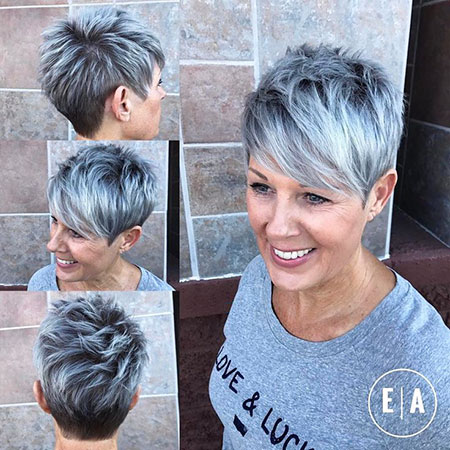 Pixie Hairtyle for Over 50, Pixie Gray Spiky Balayage