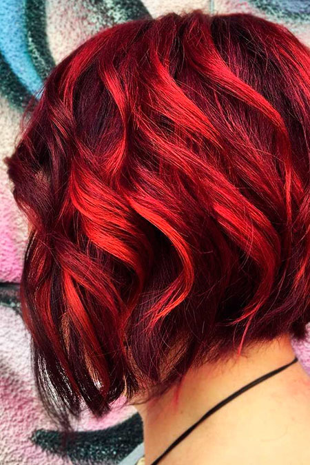 Dark Red Hair with Bright Red Highlights, Short Red Trendy Simple